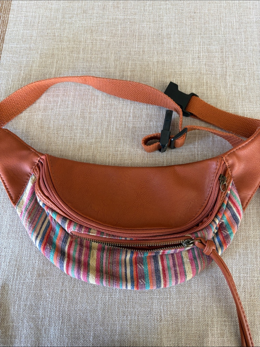 Rust Leather & Multi-Stripe Canvas Waist Bag